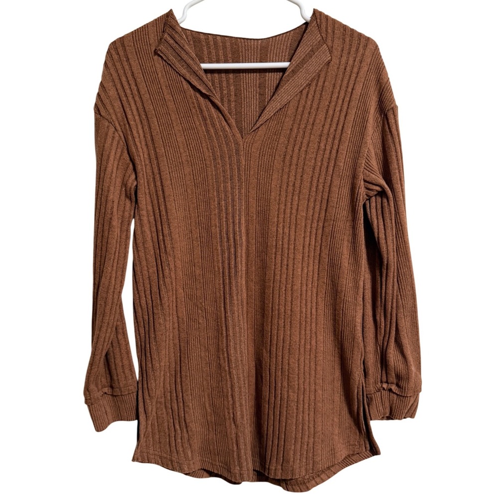 SHEIN Women Brown Ribbed Knit V-Neck Long Sleeve Top XS oversized